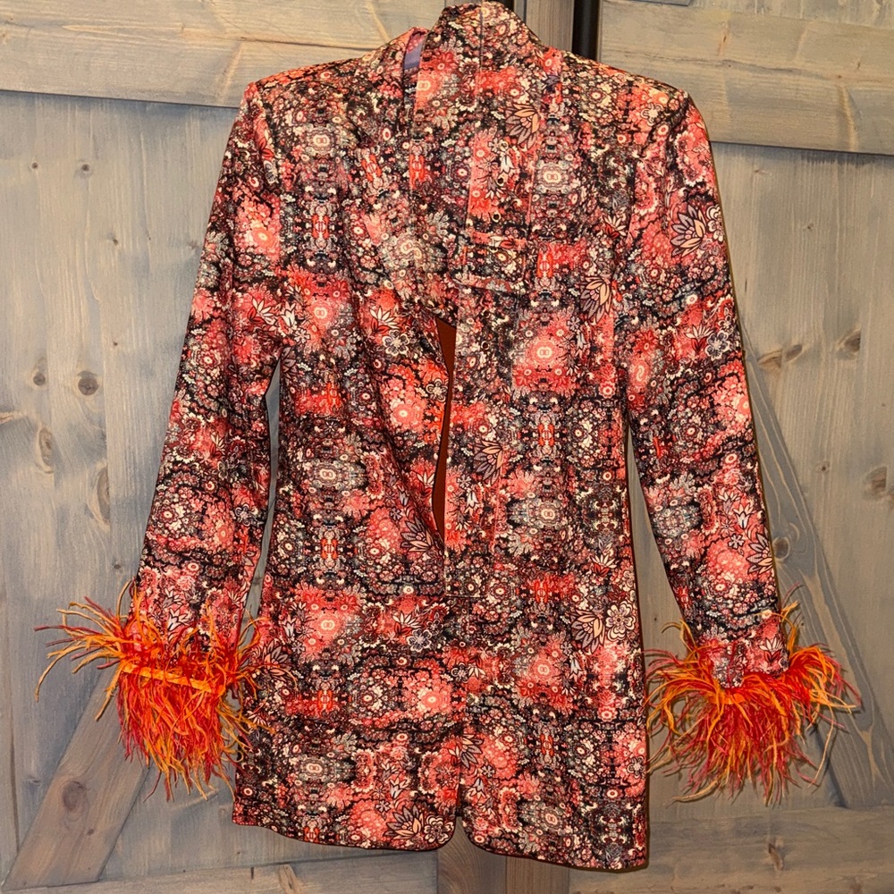 Trendy Boutique Floral Dress with Feather Cuffs